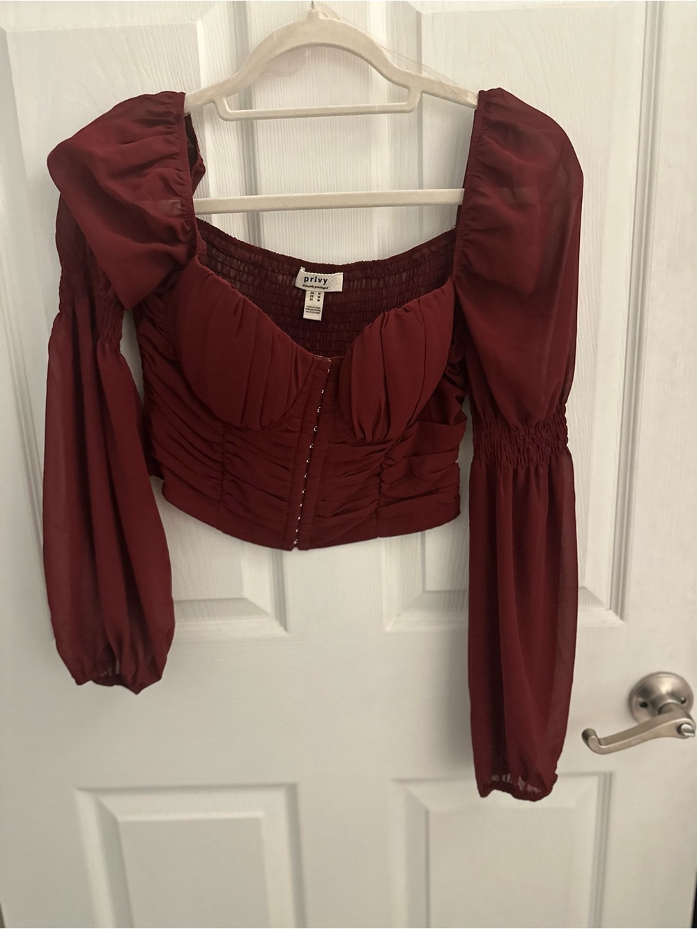privy Burgundy Long-Sleeve Ruched Bustier Crop Top
